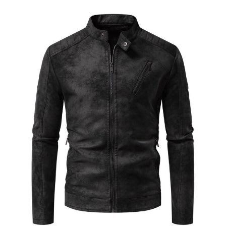 Men's Leather Jacket Fleece-lined Slim Stand Collar Jacket