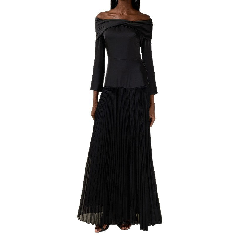 Off-shoulder Long-sleeve Slim-fit Black Patchwork Dress