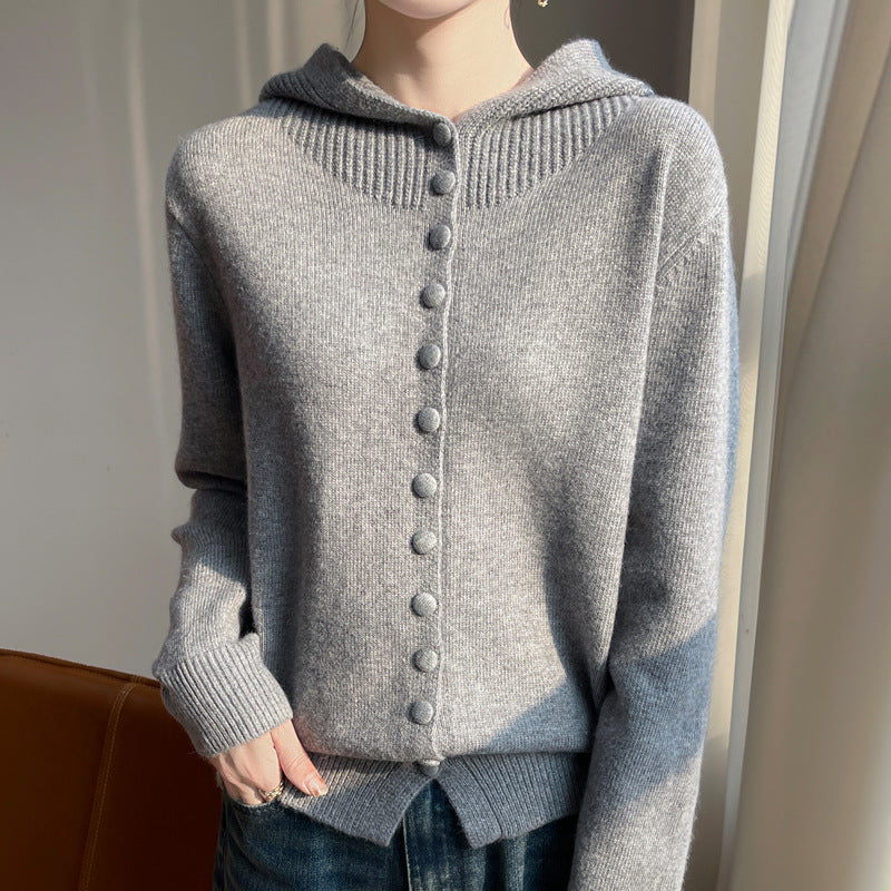Womens Knitted Sweater Stylish Western Style Solid Color All Match Hooded Knit Cardigan