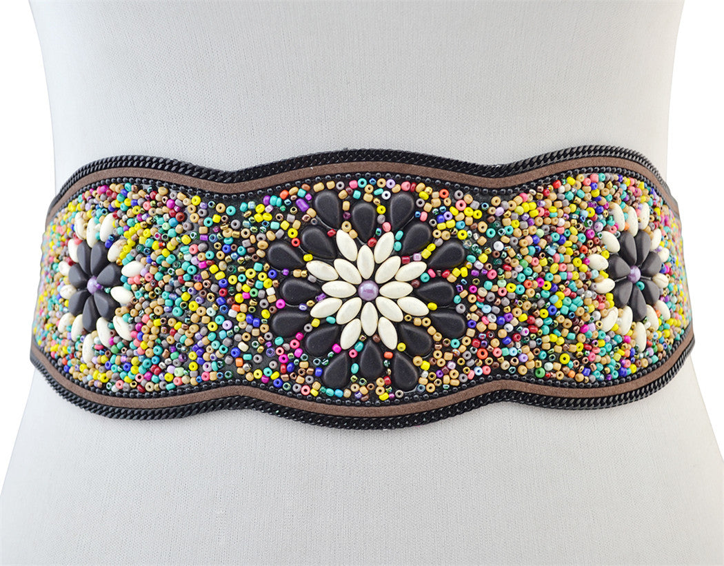 Ethnic Style Retro Waist Belt Turquoise Rice Bead Flower Belt