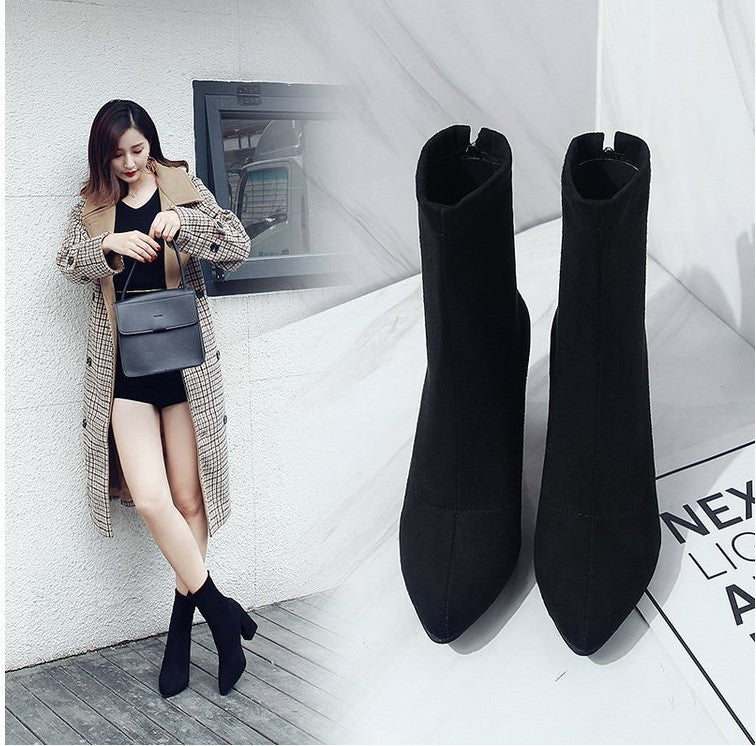 Black suede pointed toe heel high heel ankle boots