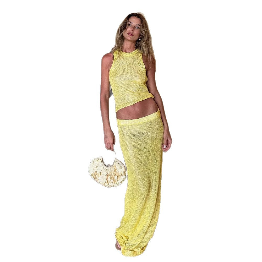 Sexy Sheer Sleeveless Sparkly Slip Dress Two-piece Set