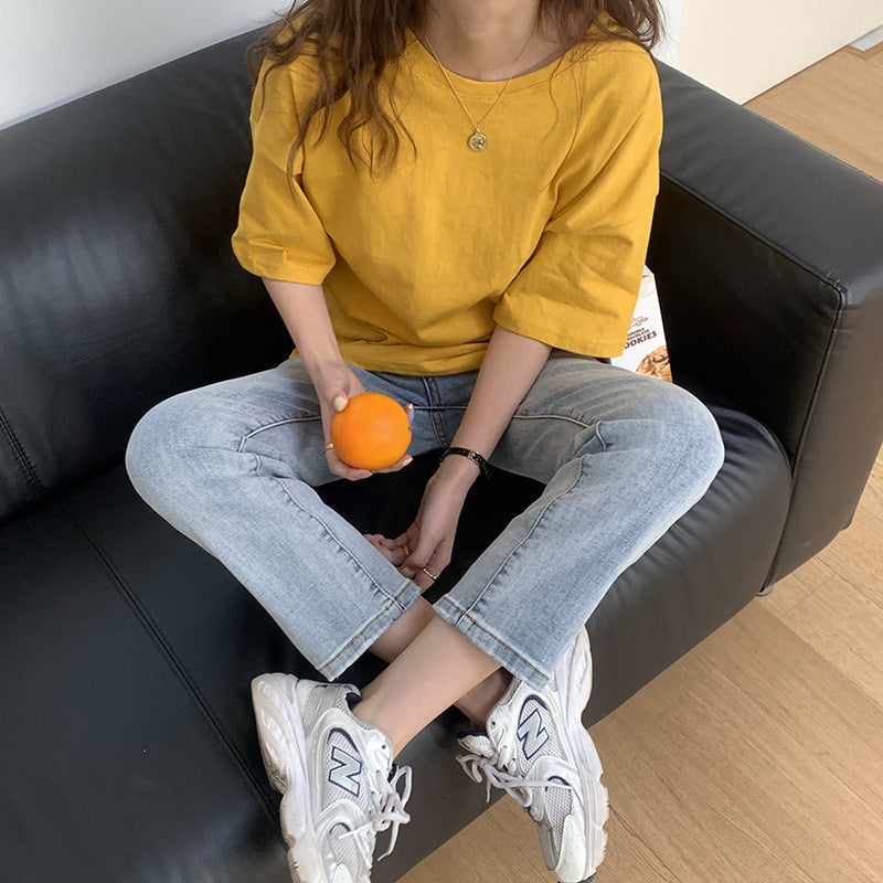 Summer Korean Style Loose Slim High-waisted Straight Cropped Trousers