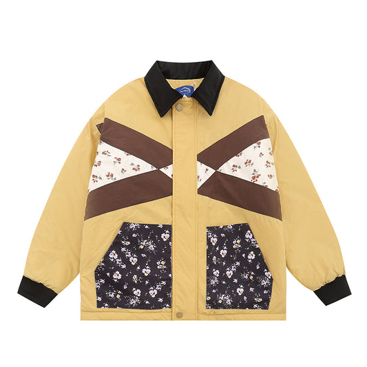 Vintage Winter Color Contrast Patchwork Floral Turn-down Collar Coat