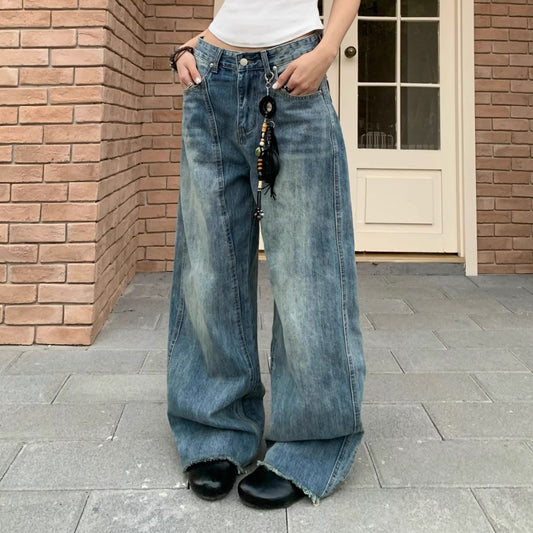 Retro Patchwork Design Wide Leg Jeans Casual Mopping Trousers