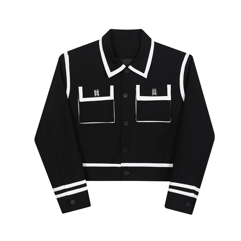 Single Black And White Color Contrast Three-dimensional Large Pocket Metal Button Jacket For Men