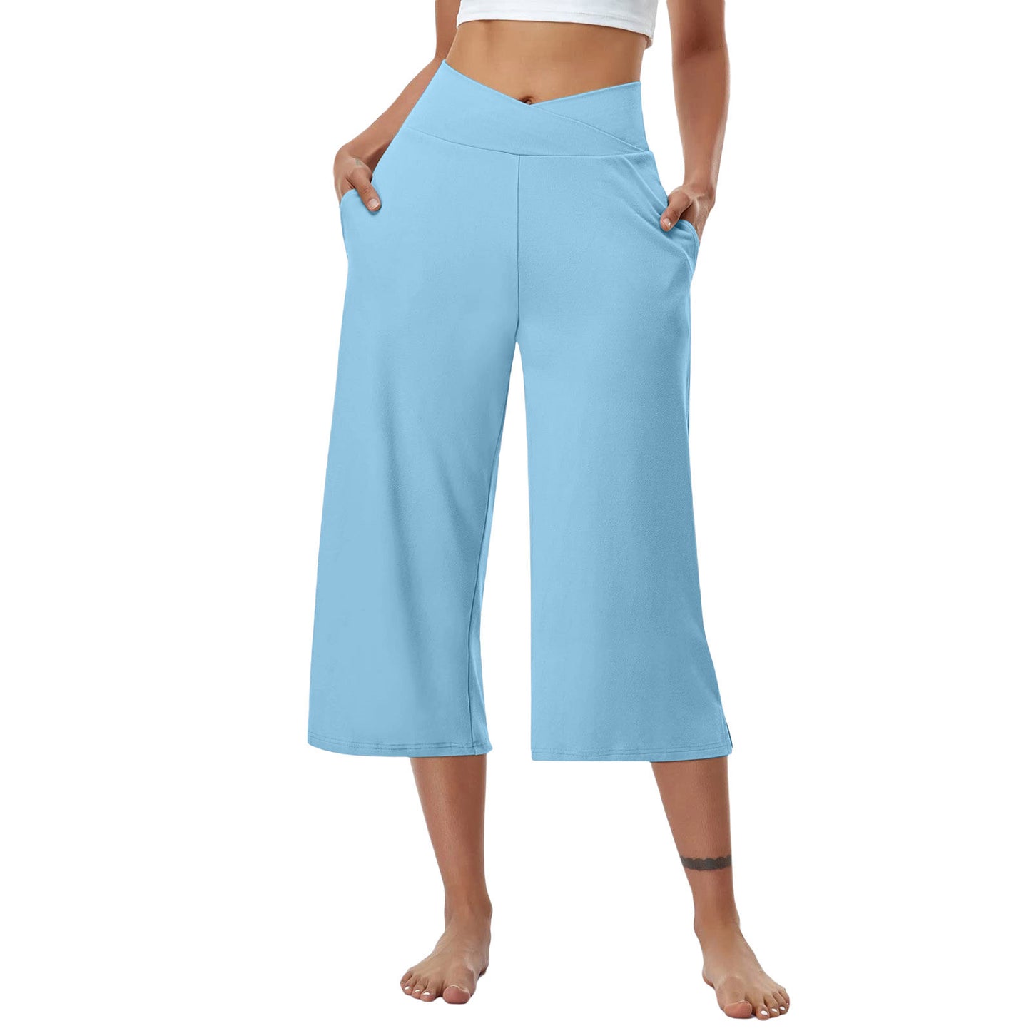 High-Waist Butt-Lifting V-Shaped Waist Wide-Leg Fitness Running Cropped Pants