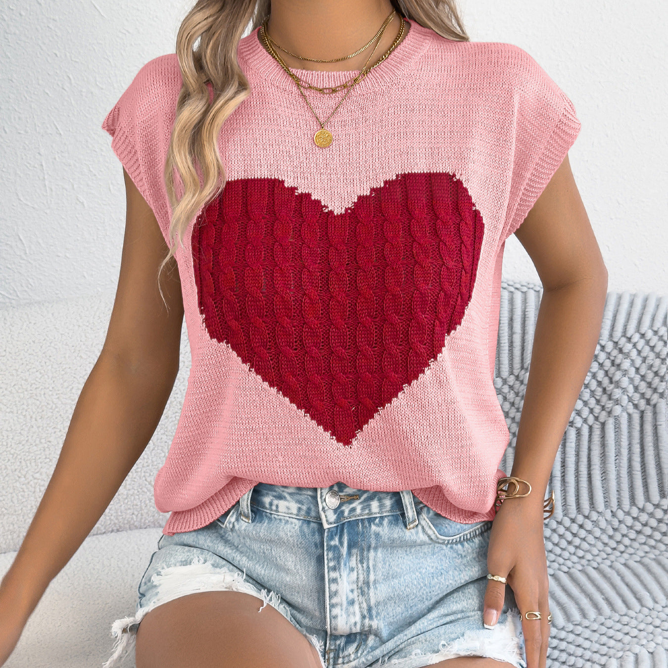 Women's Color-blocked Love Casual Loose Knit Sweater Top