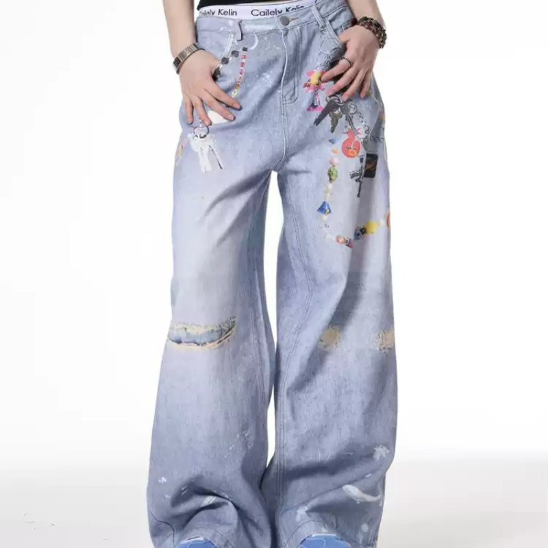 Distressed Dirty Dyed Jeans Women's Summer Design Sense Niche Loose Wide Leg