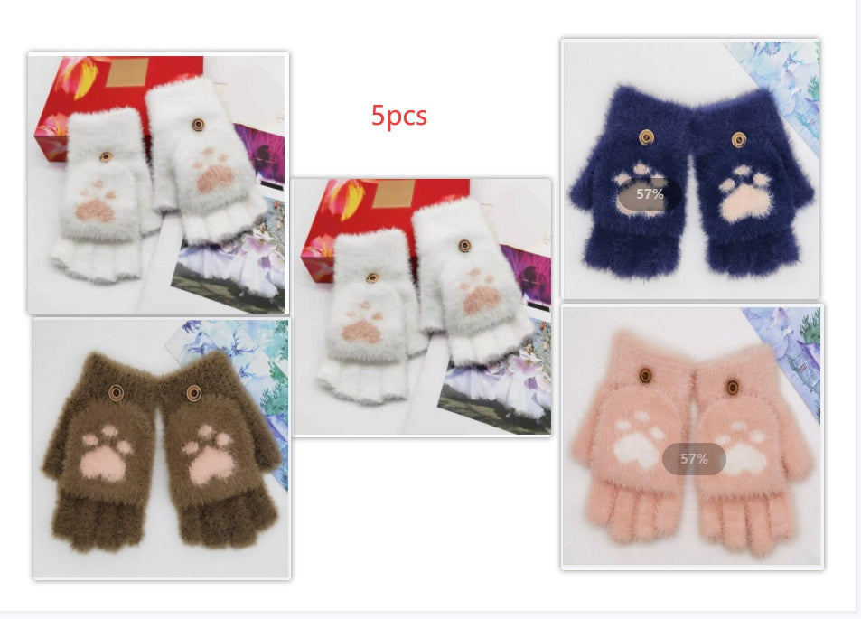 Gloves Women's Warm Cute Half Finger Gloves Imitation Mink Cat Claw Flip Yarn Fingerless Gloves