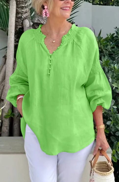 Womens Casual V-Neck Solid Color Cotton-Linen Long-Sleeve Top