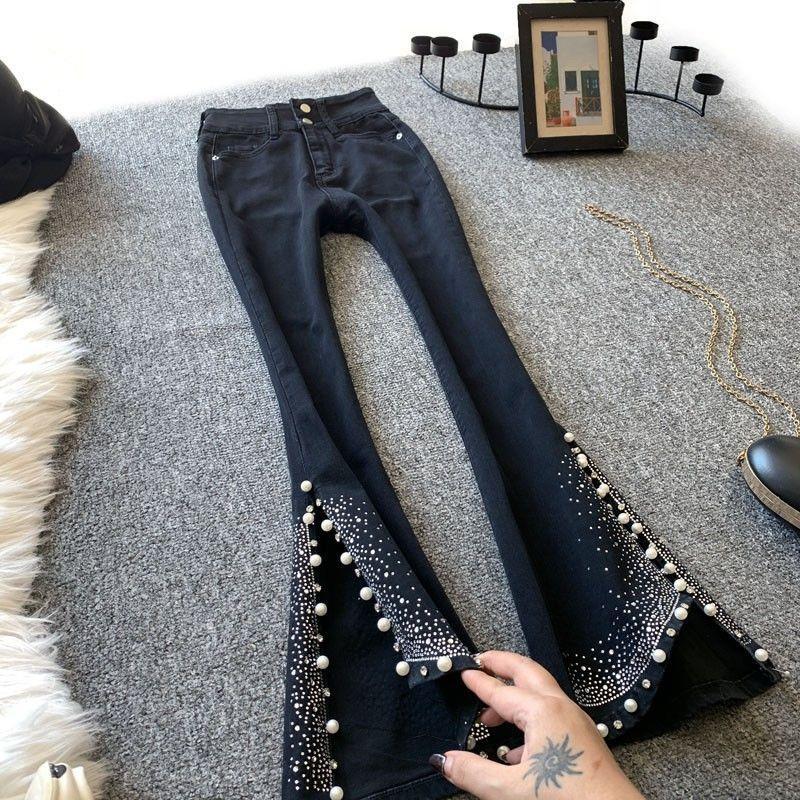 High Waist Slimming Diamond Beaded Slit Flared Trousers