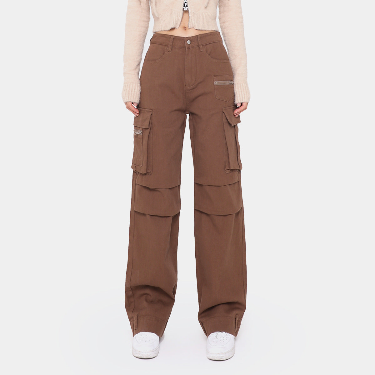 Retro Overalls Solid Color Straight Pleated Paratrooper Pants