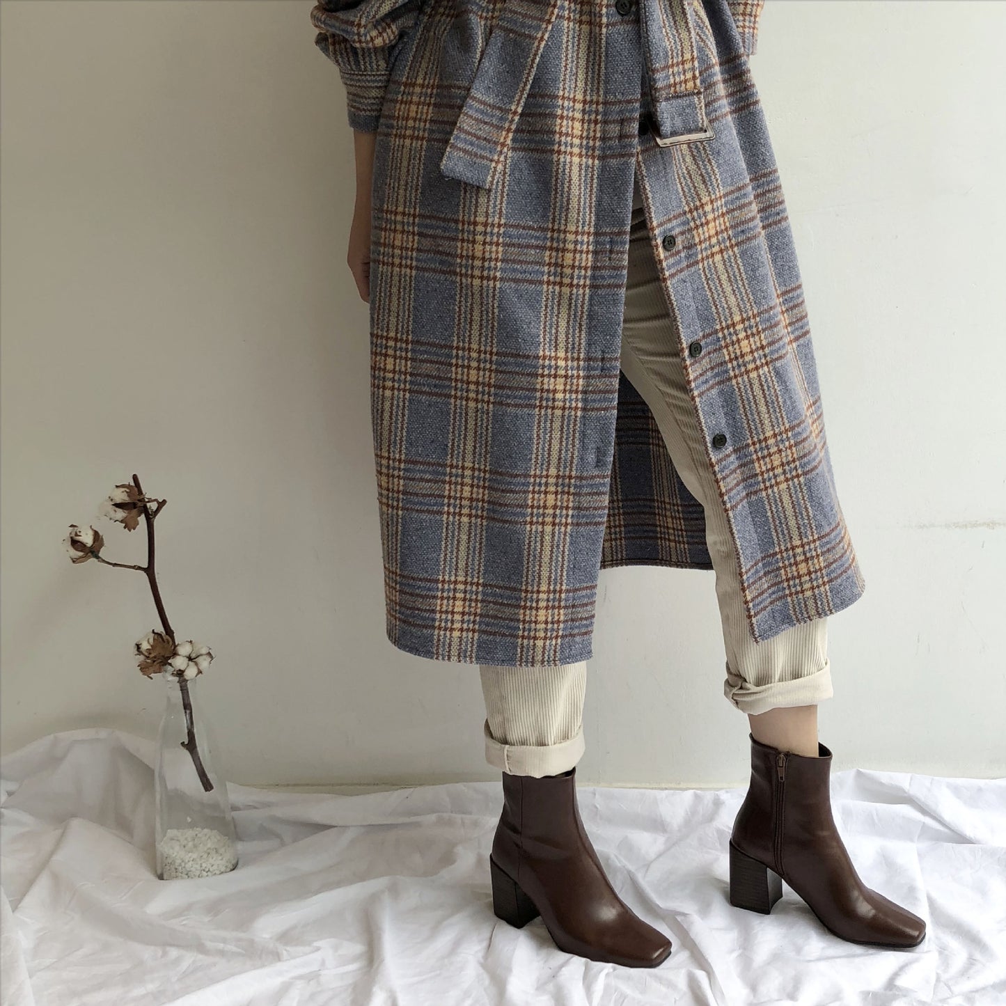 British Style Contrast Check Lapel Coat