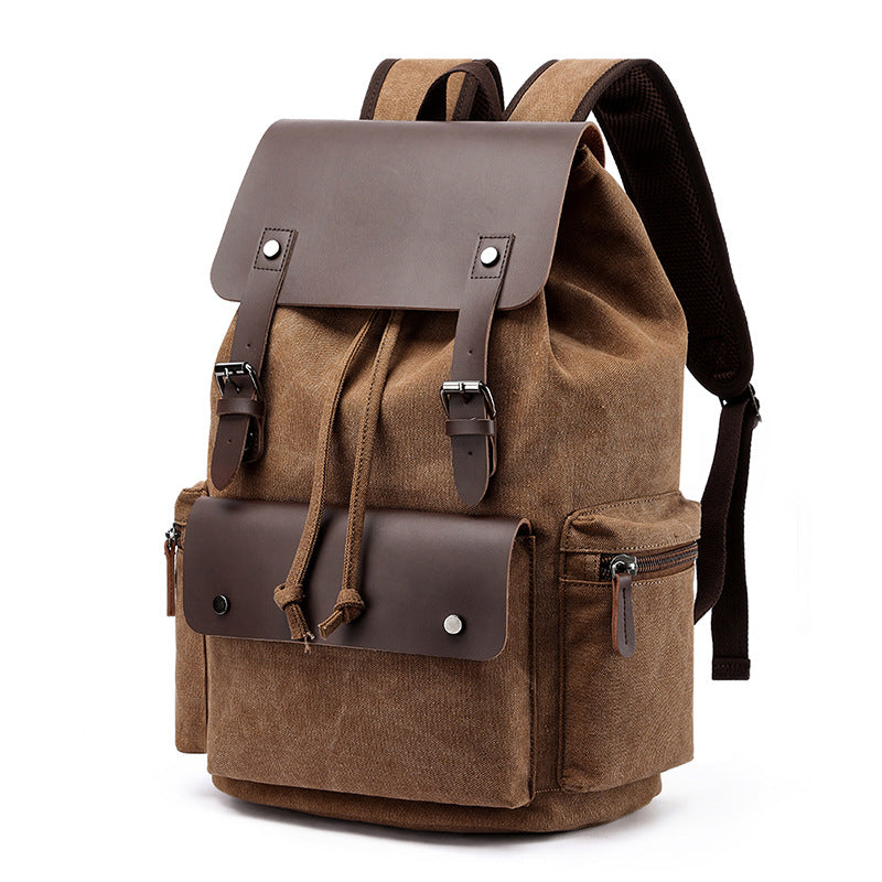 Casual Canvas Backpack Men's Business Laptop Bag With Buckle Drawstring Design