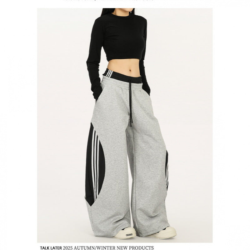 American-style Retro Faux Two-piece Striped Patchwork Jogger Pants
