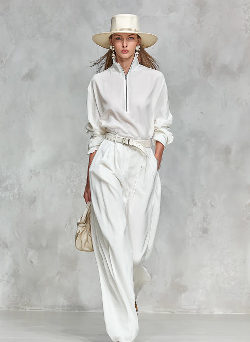Elegant High Quality Zip Up Collar Long Sleeved Shirt And Wide Leg Pants Set
