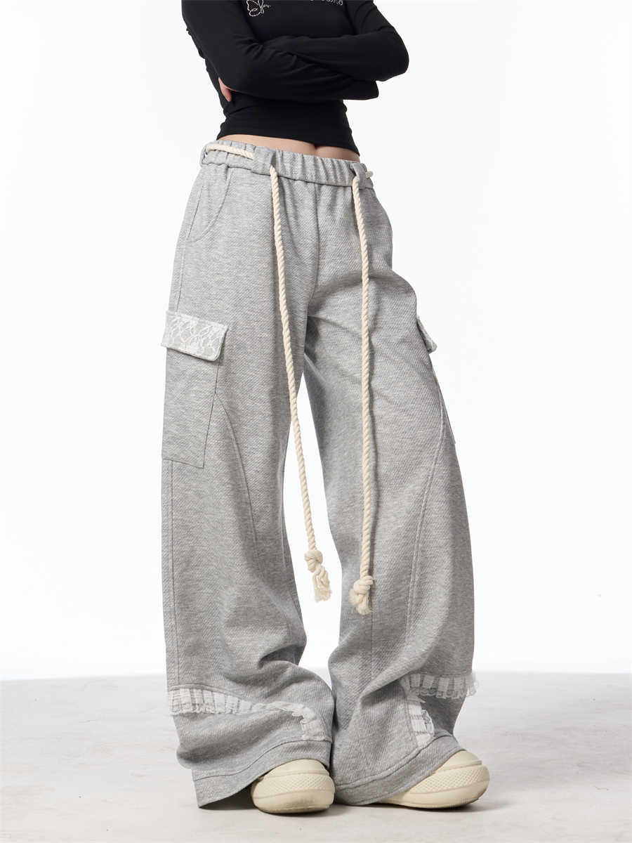 Gray Wide Leg Multi-pocket Drawstring Track Sweatpants Women's Casual Pants