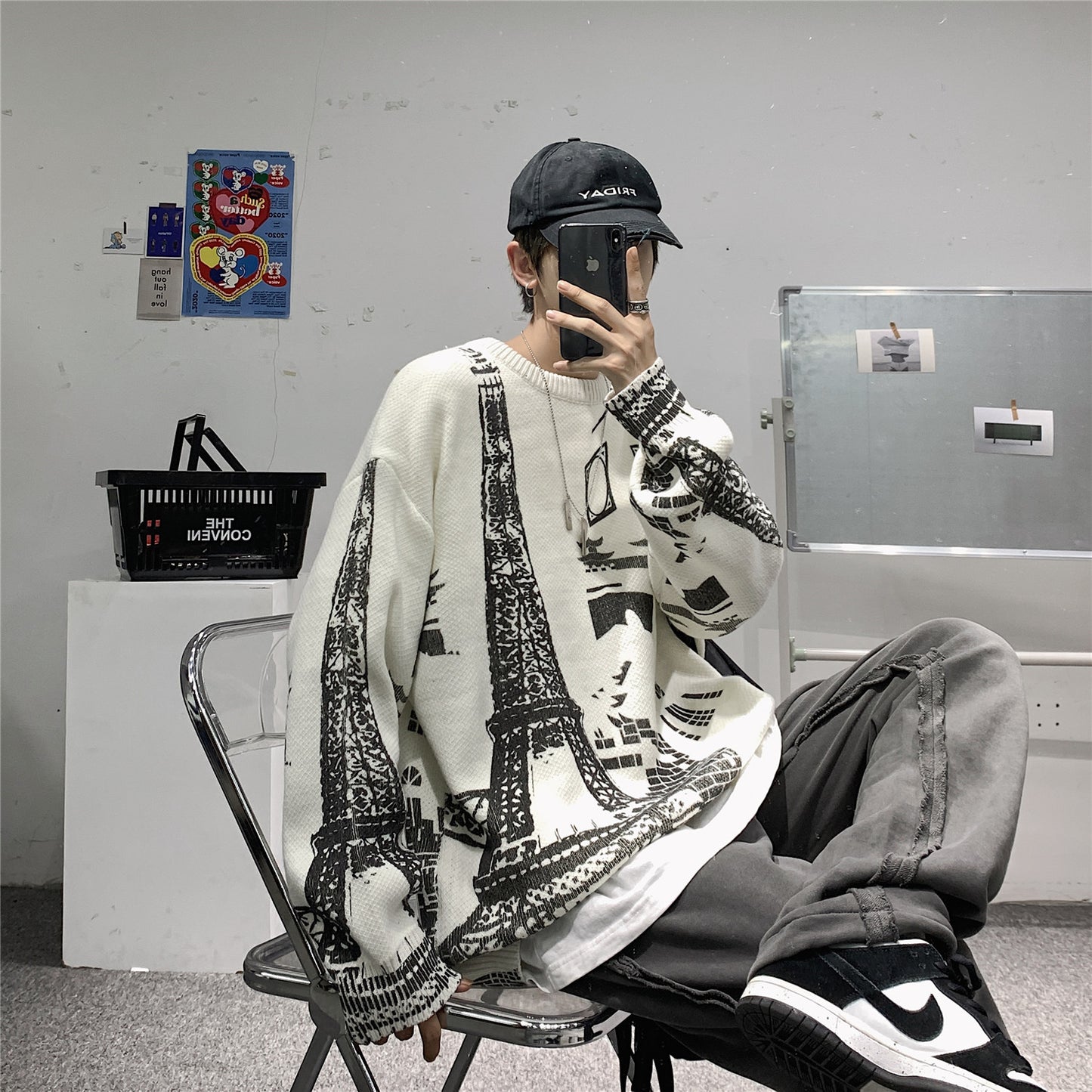 Iron Tower Printed Men's Loose Large Round Neck Sweater