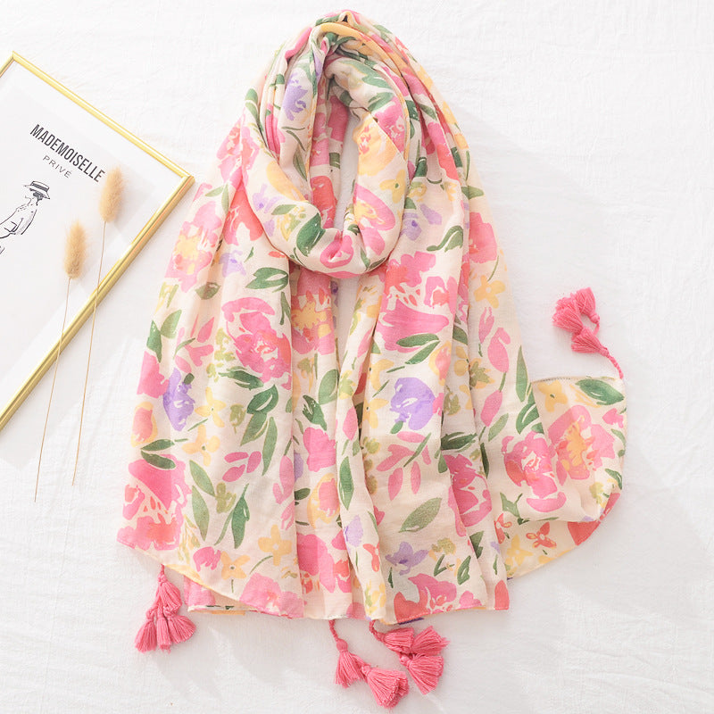 Blue And White Tie-dyed Cotton And Linen Feel Scarf Retro Artistic Travel Sun Protection Shawl