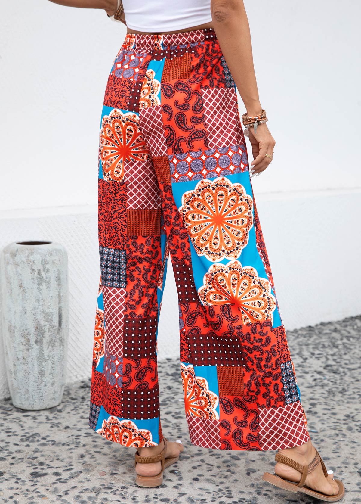 Women's Fashionable Elastic Waist Printed Lace-up Trousers