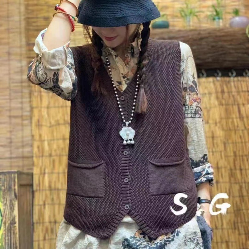 New Versatile Retro Solid Color And V-neck Vest
