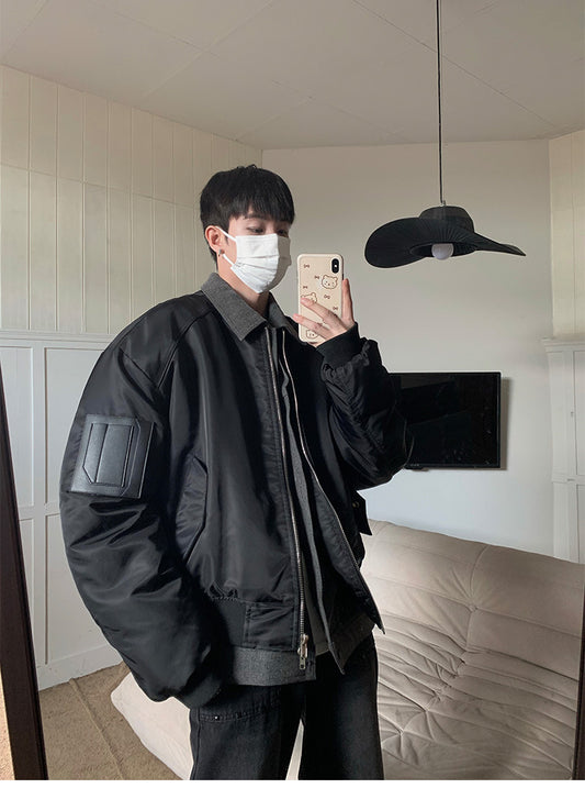 Winter High-grade Denim Stitching Fake Two-piece Pilot Jacket