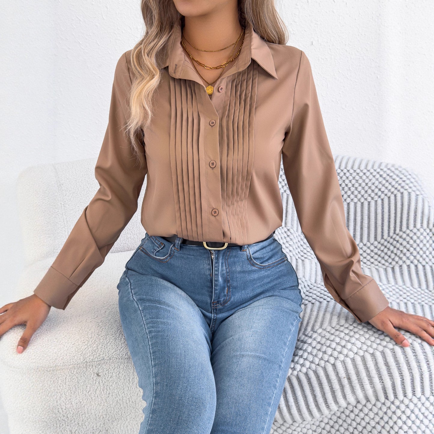 Pleated Solid-color Button-up Long-sleeve Business Shirt