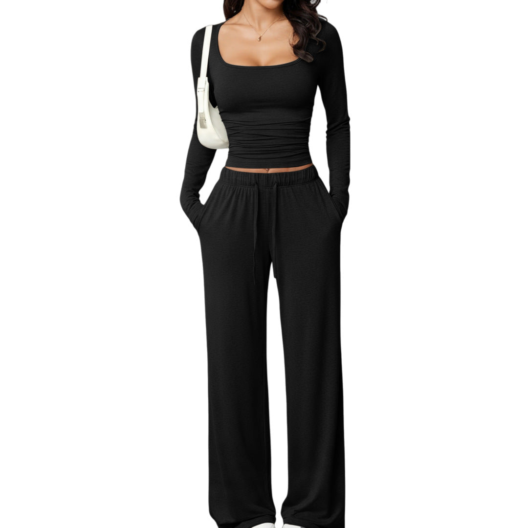 Womens Casual Pants And Square Neck Long Sleeve Cropped Top Set