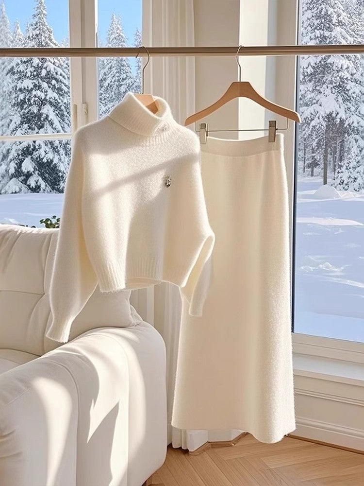 High-grade White Temperament Thick Sweater Skirt Suit