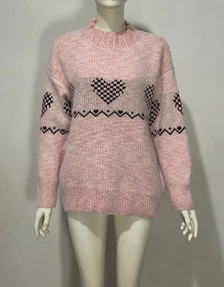 Embroidered Jacquard Pullover Loose Bottoming Shirt Mock Neck Sweater Coat