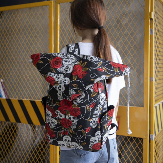 Funny Skull And Rose Hooded Canvas Backpack