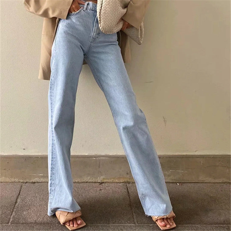 Mopping And Frayed Denim Trousers New High-waisted Loose-fitting Thin Straight And Wide-legged