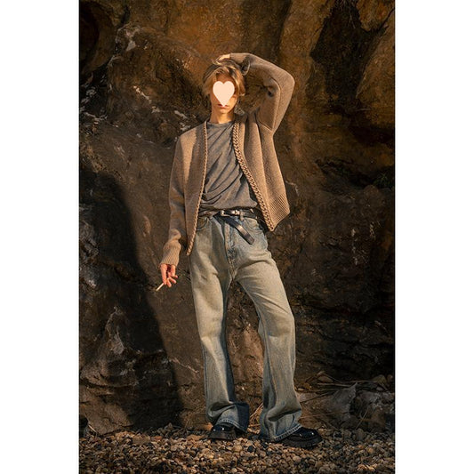 Heavy Handmade Wool Cardigan With Collar Wide Coat