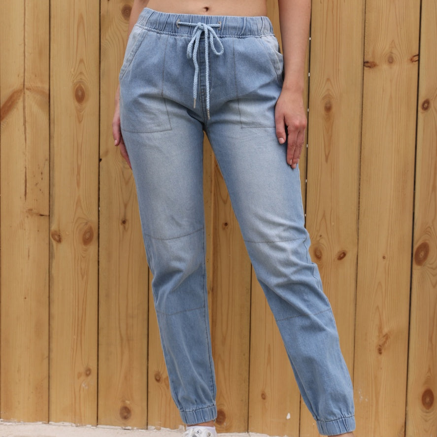 Casual Lyseblå Jeans med Elastisk Talje og Bindebånd