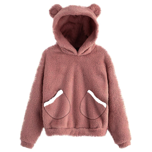 Europe And America New Style Pocket Plush Rabbit Ears Hooded Warm Sweater Women's Jacket