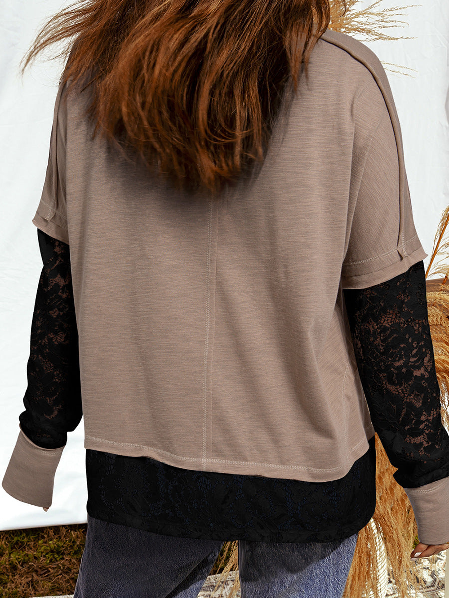 Light French Beige Sheer Lace Patchwork Casual Long-Sleeve T-Shirt