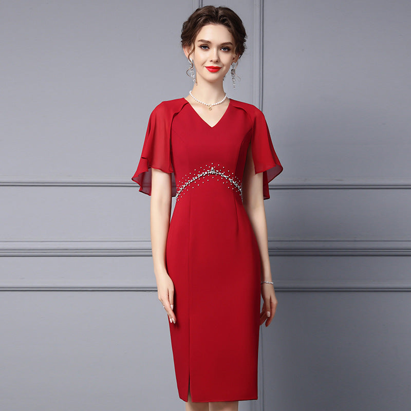 V-neck Shawl Sleeve Studded Diamond Banquet Buttocks Skirt