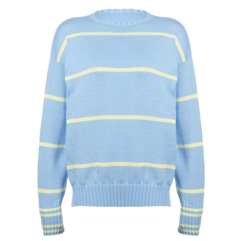 Contrast Color Round-neck Long-sleeved Pullover