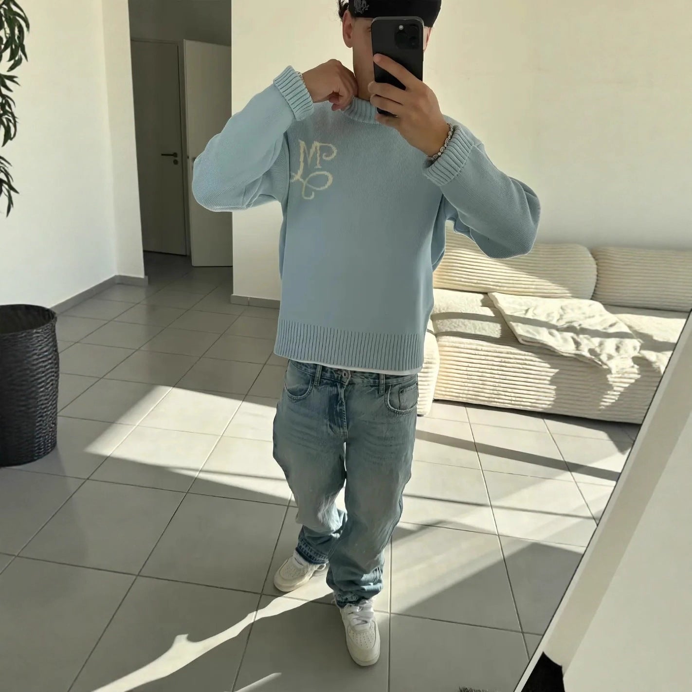 Mens Embroidered Loose Crew Neck Sweater