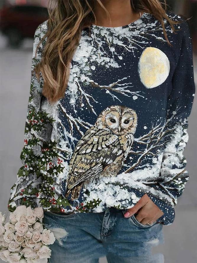 Autumn Animal Graphic Print Crew Neck Raglan Long-sleeved Top
