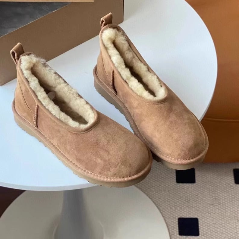 Womens Low-cut Leather-and-fur Snow Boots