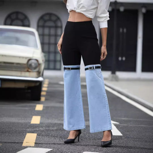 Mode Slim Strik Denim Syning Elastisk Talje