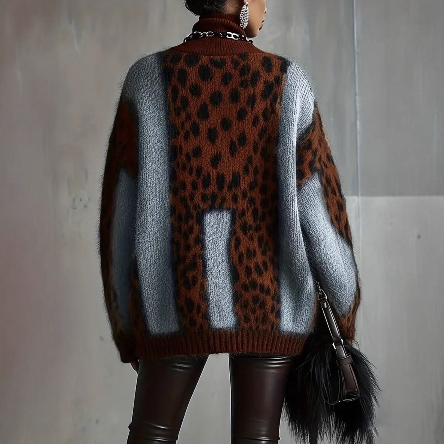 Leopard Print Loose Fit Vintage Patchwork Knit Sweater