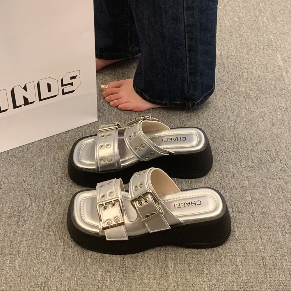 Flat Toe Ring Word Platform Slippers