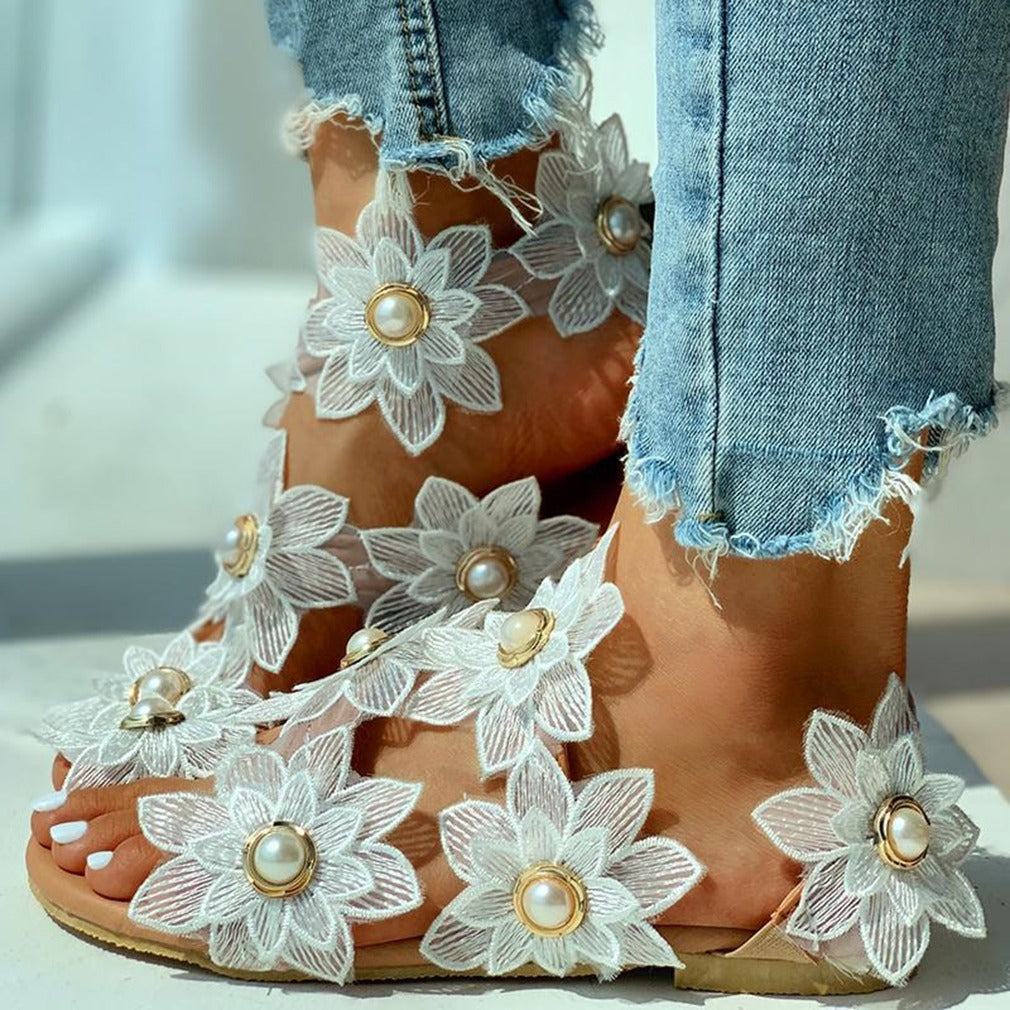 Lace Chiffon Pearl Flower sandals