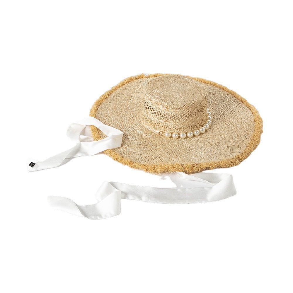 Pearl Strap Frosted Edge Large Eaves Hand Braided Straw Beach Sun Visor Hat