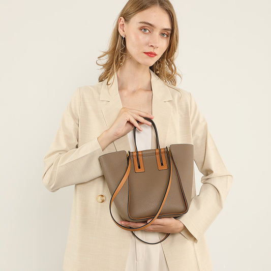 Color Block Leather All Match Commute Handbag