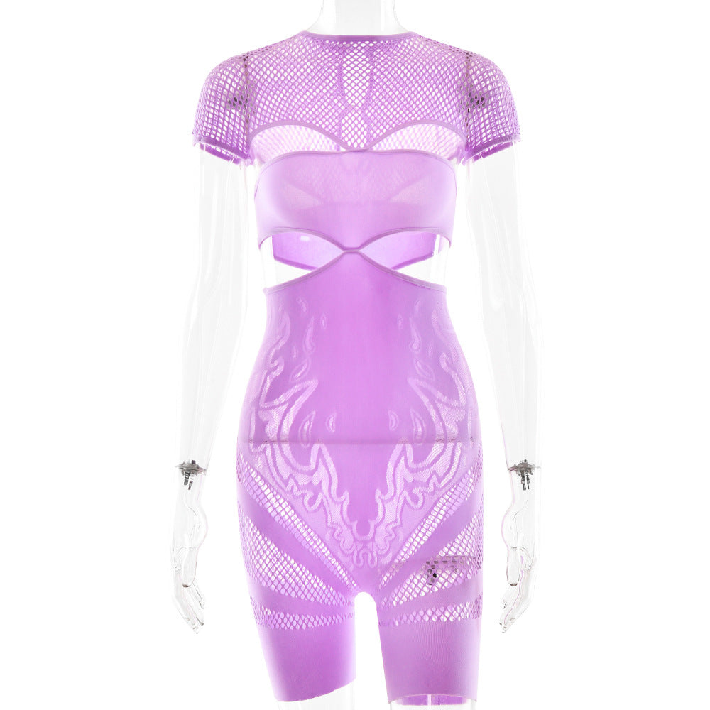 Summer New Fashion Sexy Hot Girl Hollow Out See-through Solid Color Jumpsuit