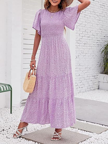Women's Short-Sleeve Crew-Neck Bohemian Beach Dress